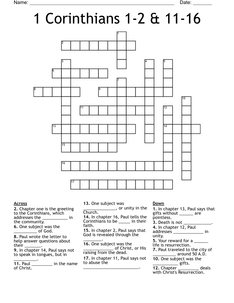1 Corinthians 1 2 11 16 Crossword WordMint 1 Corinthians 1 2 11 16 Crossword WordMint