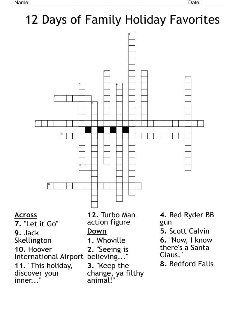 12 Days Of Family Holiday Favorites Crossword WordMint