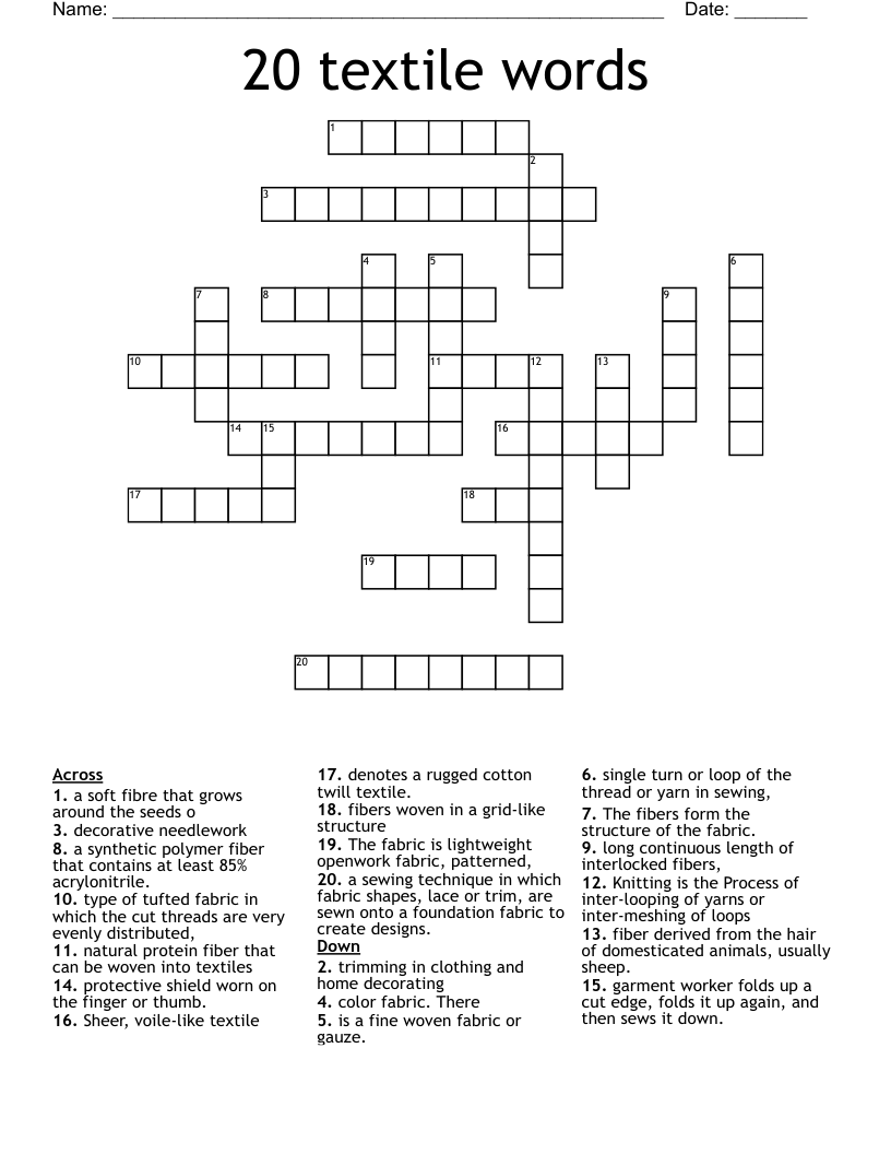 20 Textile Words Crossword WordMint