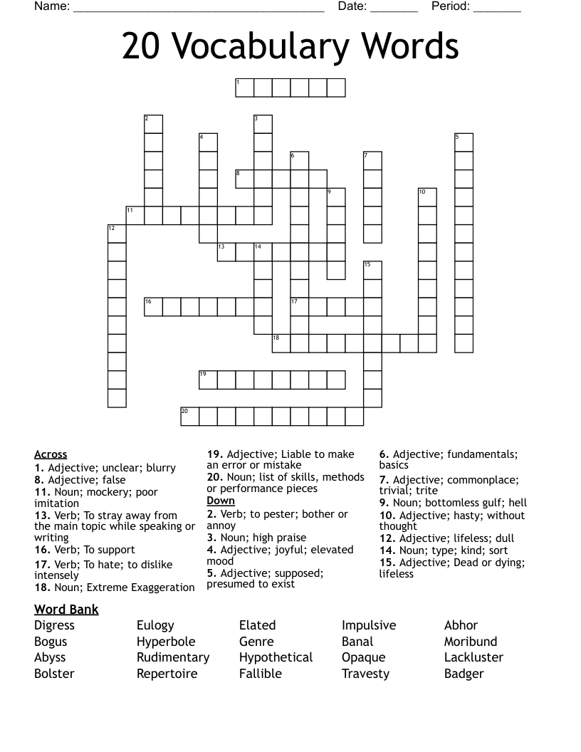 20 Vocabulary Words Crossword WordMint