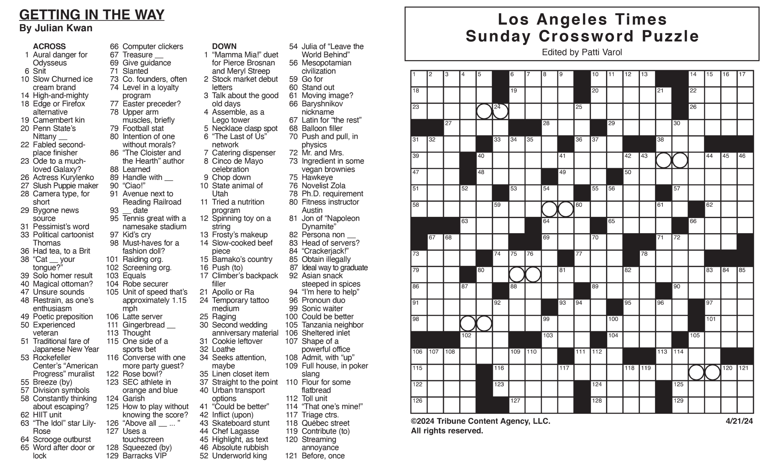 los angeles times sunday crossword puzzle