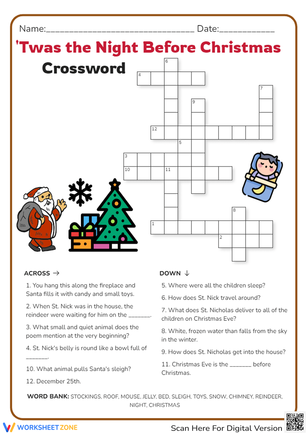 4th Grade Christmas Crossword Worksheets Printable