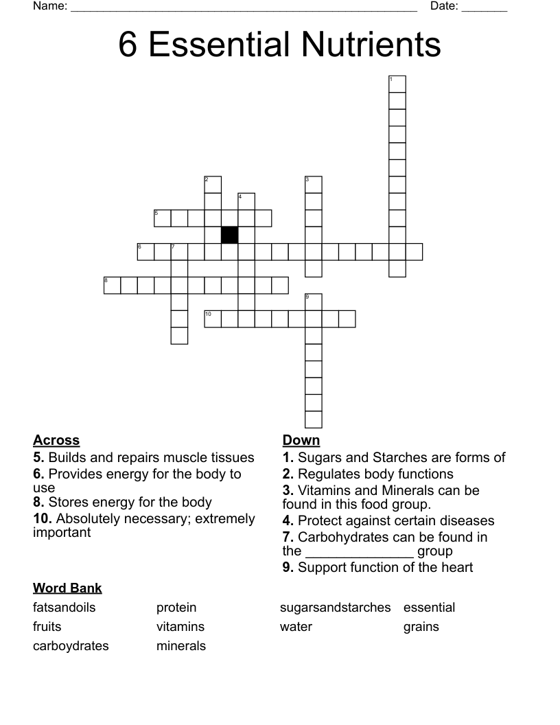 6 Essential Nutrients Crossword WordMint 6 Essential Nutrients Crossword WordMint