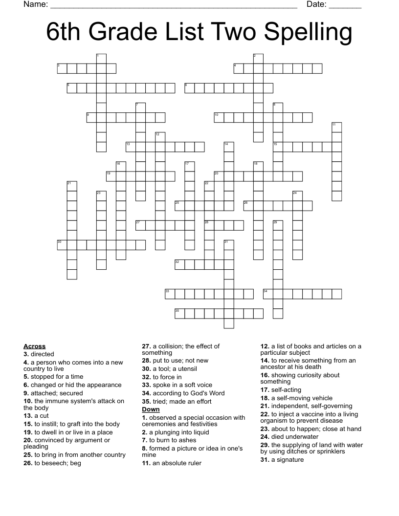 6th Grade List Two Spelling Crossword WordMint 6th Grade List Two Spelling Crossword WordMint