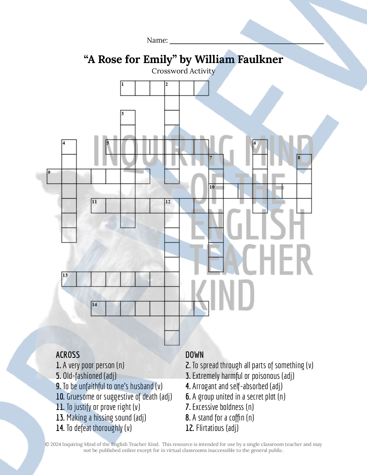 A Rose For Emily By William Faulkner Vocabulary Games For High School Classful