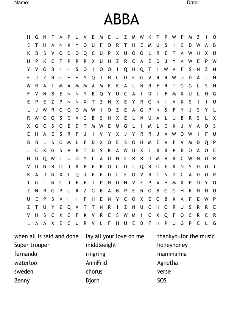 ABBA Word Search WordMint