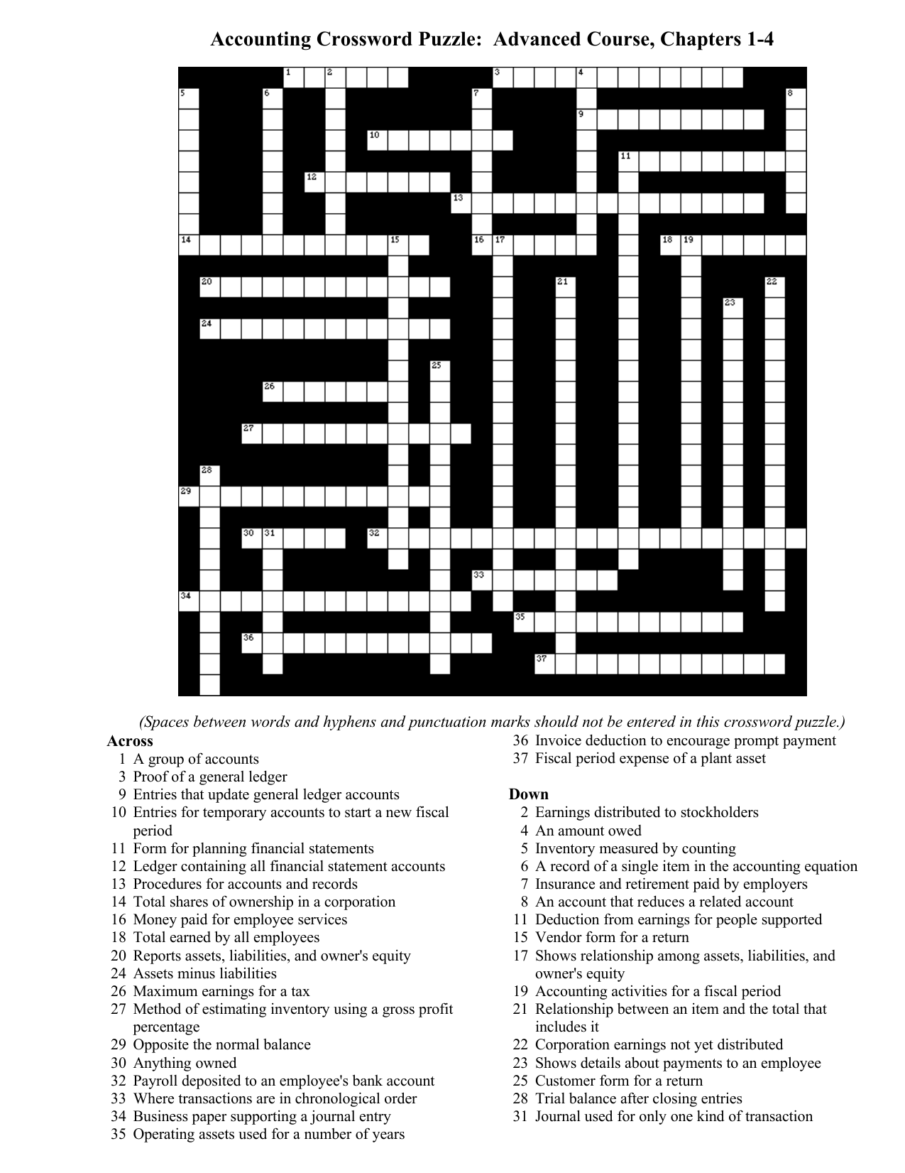 Accounting Crossword Puzzle Advanced Course Chapters 1 4 Accounting Crossword Puzzle Advanced Course Chapters 1 4