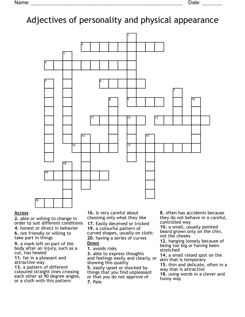 Adjectives Of Personality And Physical Appearance Crossword WordMint