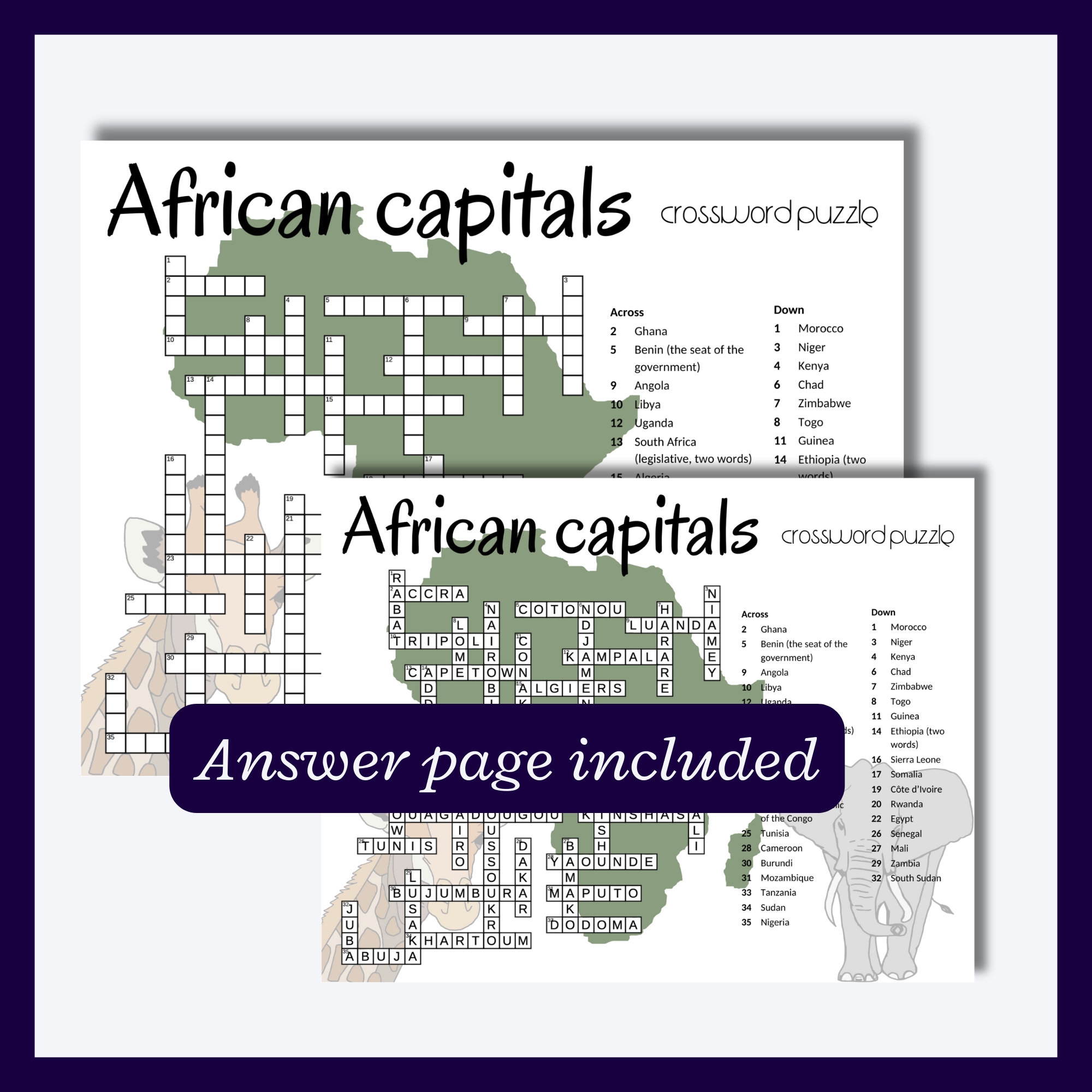 African Capitals Crossword Puzzle Geography Game digital Download Etsy African Capitals Crossword Puzzle Geography Game digital Download Etsy