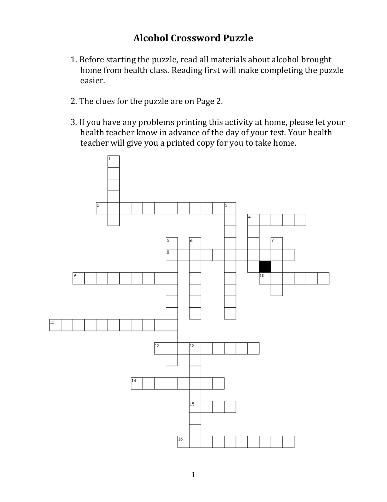 Alcohol Crossword Puzzle Health Education Activity