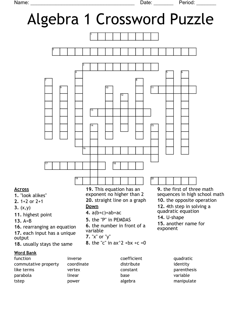 Algebra 1 Crossword Puzzle WordMint Algebra 1 Crossword Puzzle WordMint