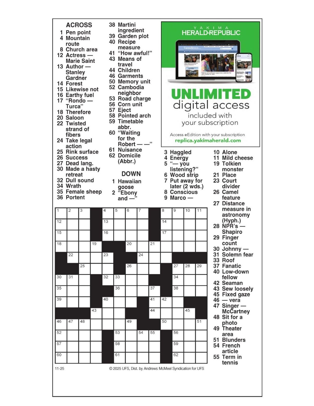 AM Crossword Nov 25 2025 Crosswords Yakimaherald