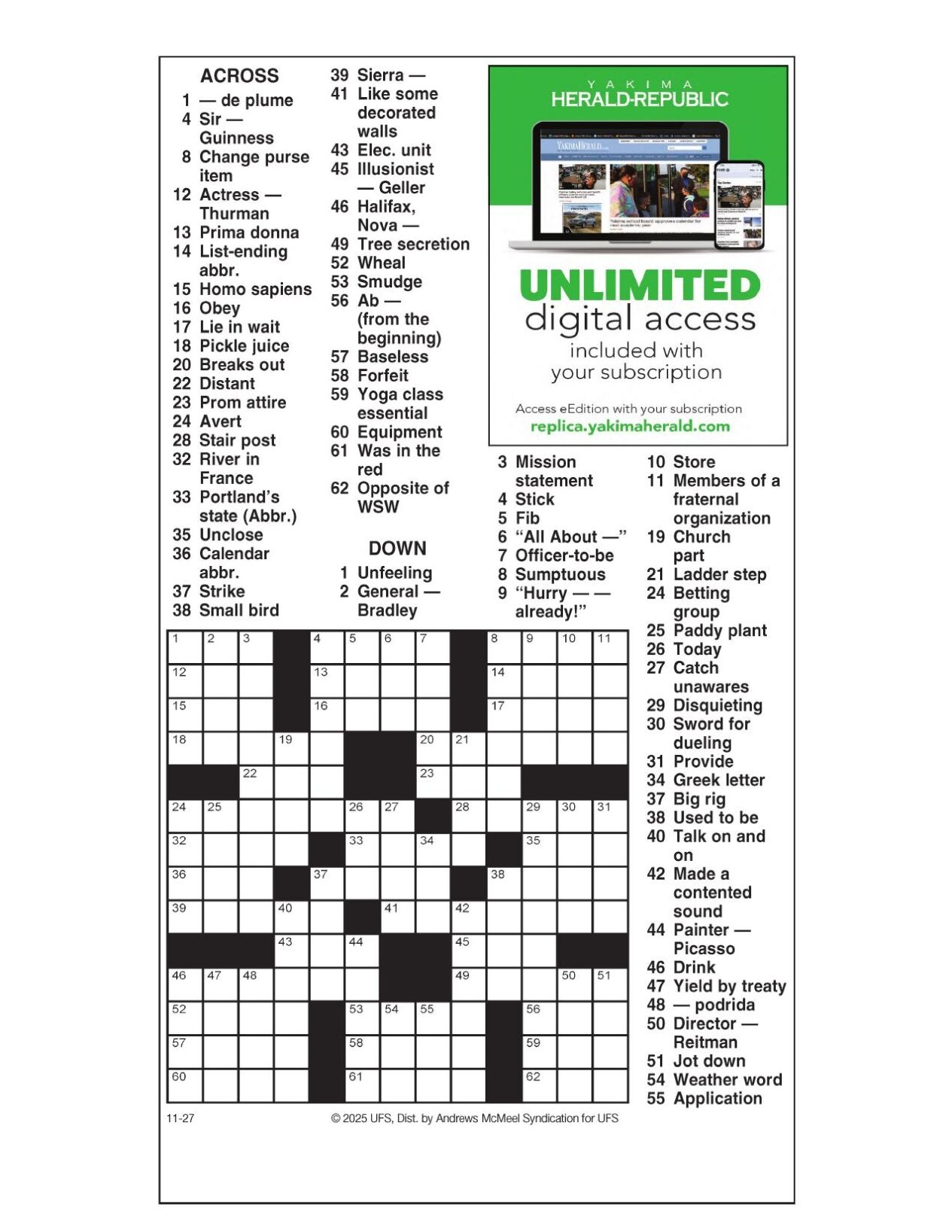 AM Crossword Nov 27 2025 Crosswords Yakimaherald AM Crossword Nov 27 2025 Crosswords Yakimaherald
