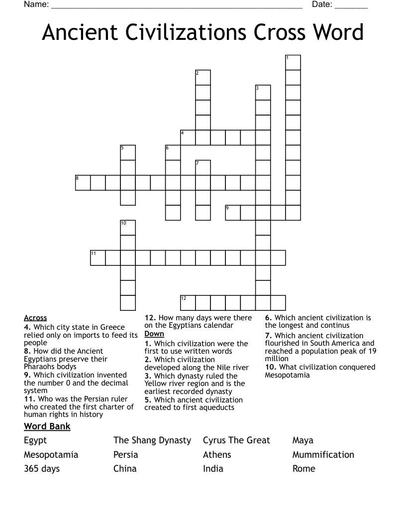 Ancient Civilizations Cross Word WordMint