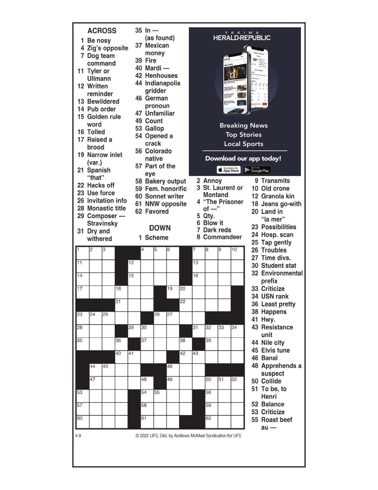 Andrews McMeel Crossword April 9 2022 Crosswords Yakimaherald
