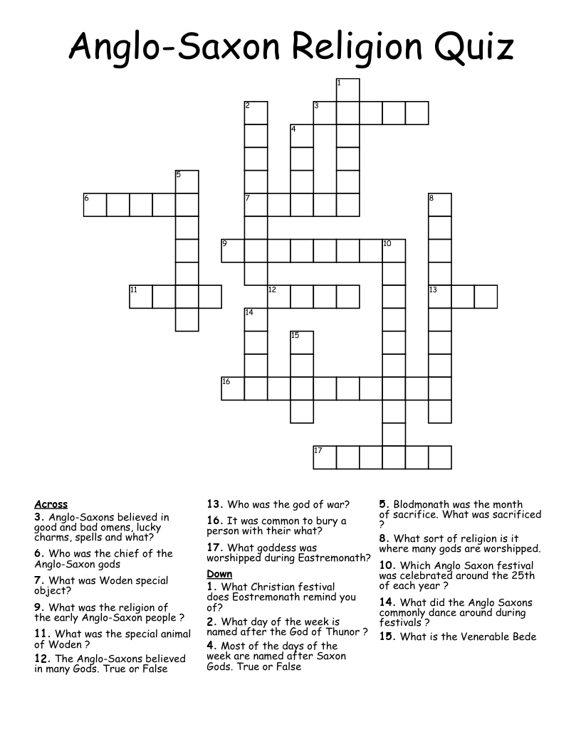 Anglo Saxon Religion Quiz Crossword WordMint Anglo Saxon Religion Quiz Crossword WordMint