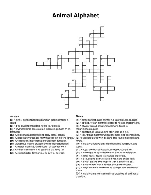 Animal Alphabet Crossword Puzzle