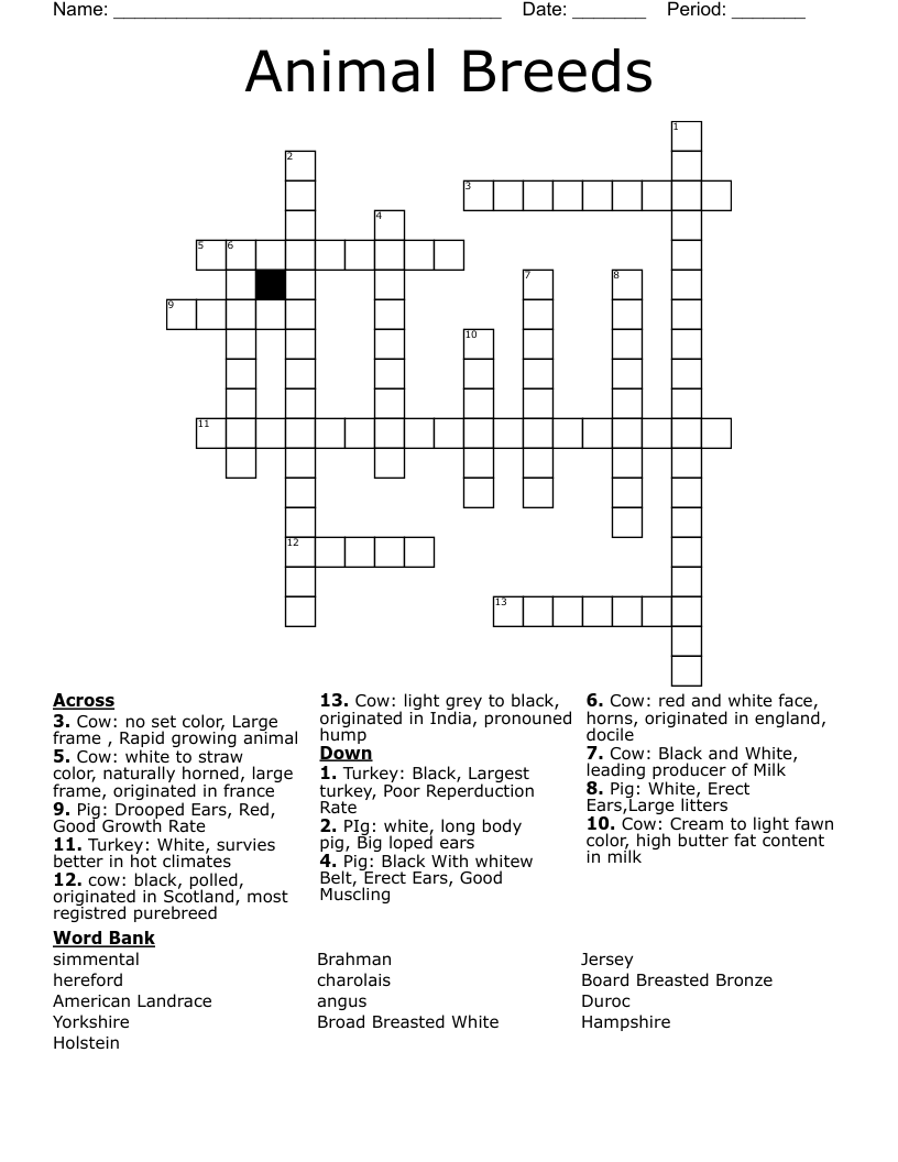 Animal Breeds Crossword WordMint