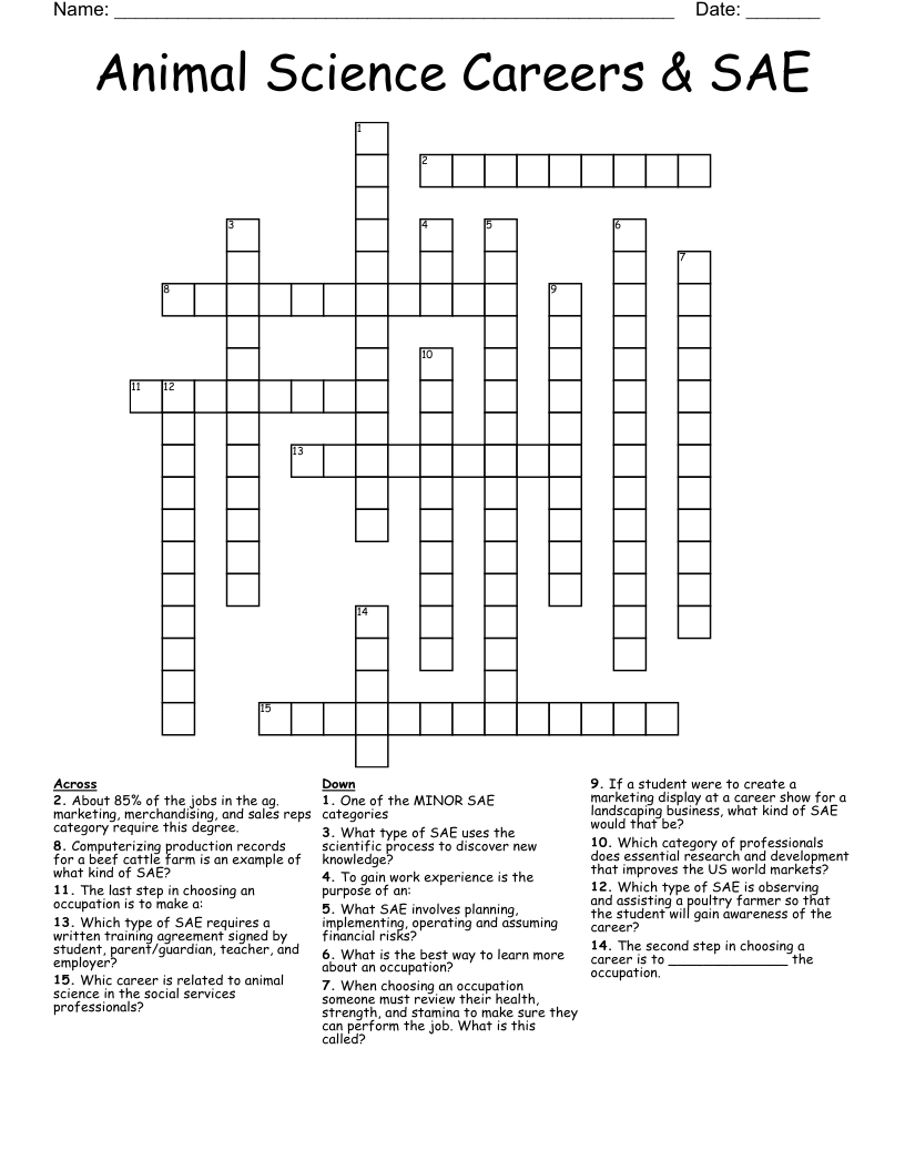 Animal Science Careers SAE Crossword WordMint