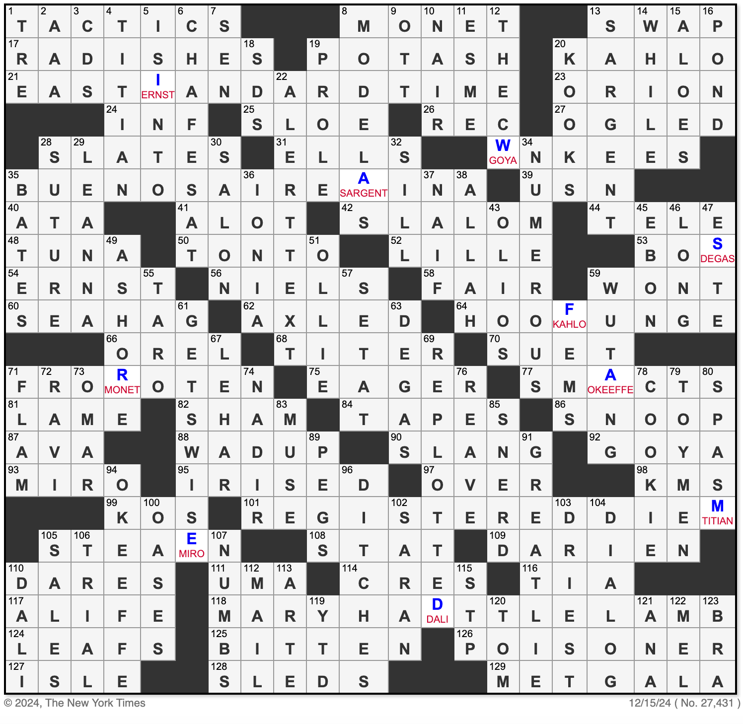 Art Heist My Sun Crossword In The NYT 12 15 