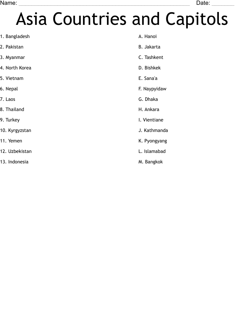 Asia Countries And Capitols Worksheet WordMint Asia Countries And Capitols Worksheet WordMint
