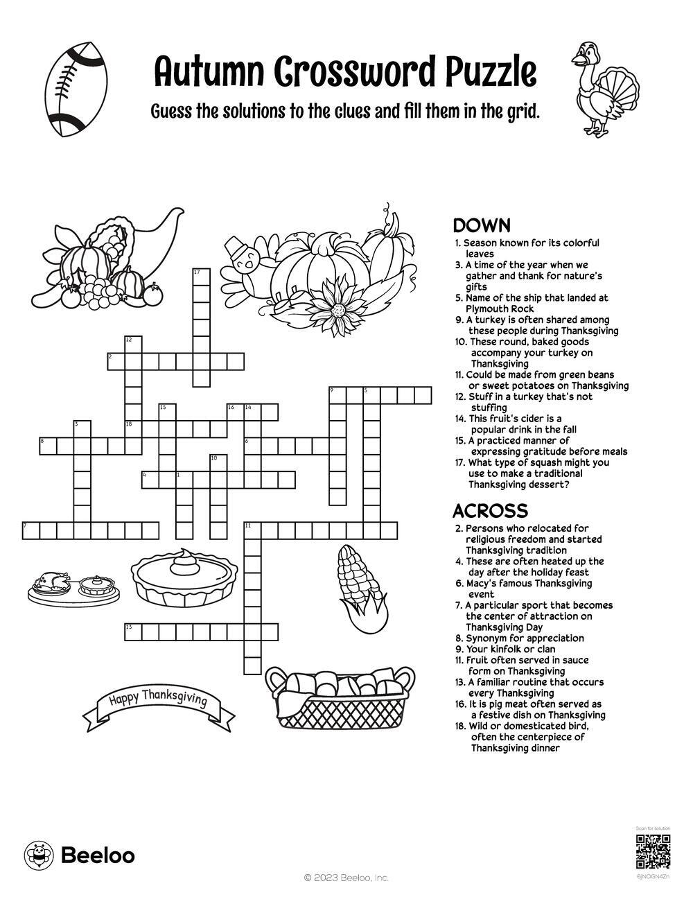 Autumn Crossword Puzzle Beeloo Printable Crafts And Activities For Kids