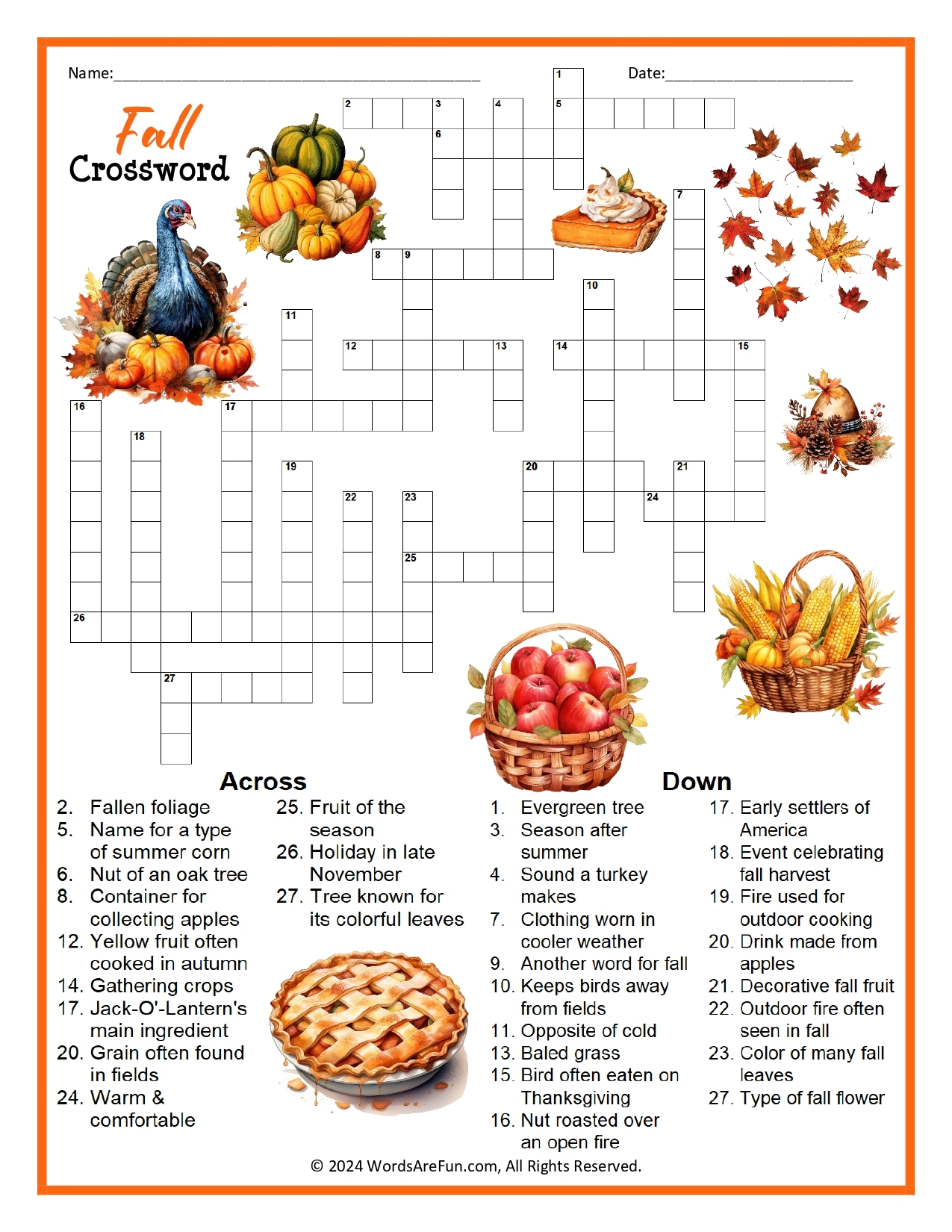 Autumn Crossword Puzzle With Word Bank Free Printable Autumn Activity Autumn Crossword Puzzle With Word Bank Free Printable Autumn Activity