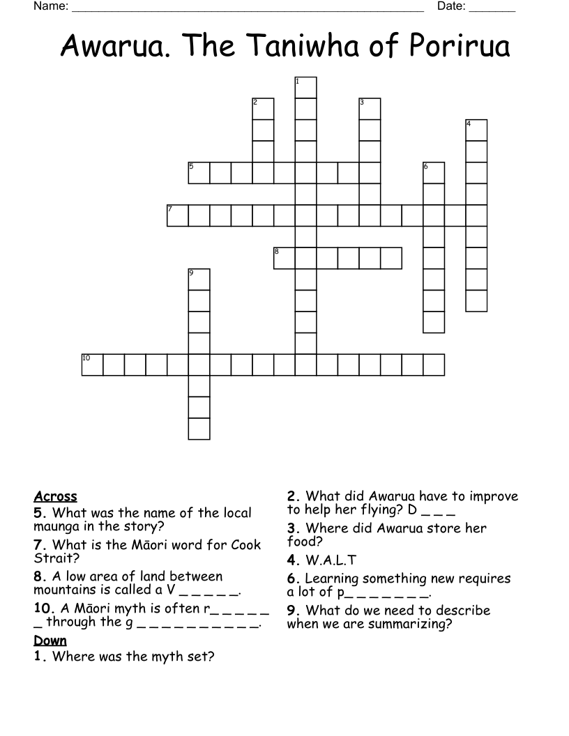 Awarua The Taniwha Of Porirua Crossword WordMint Awarua The Taniwha Of Porirua Crossword WordMint