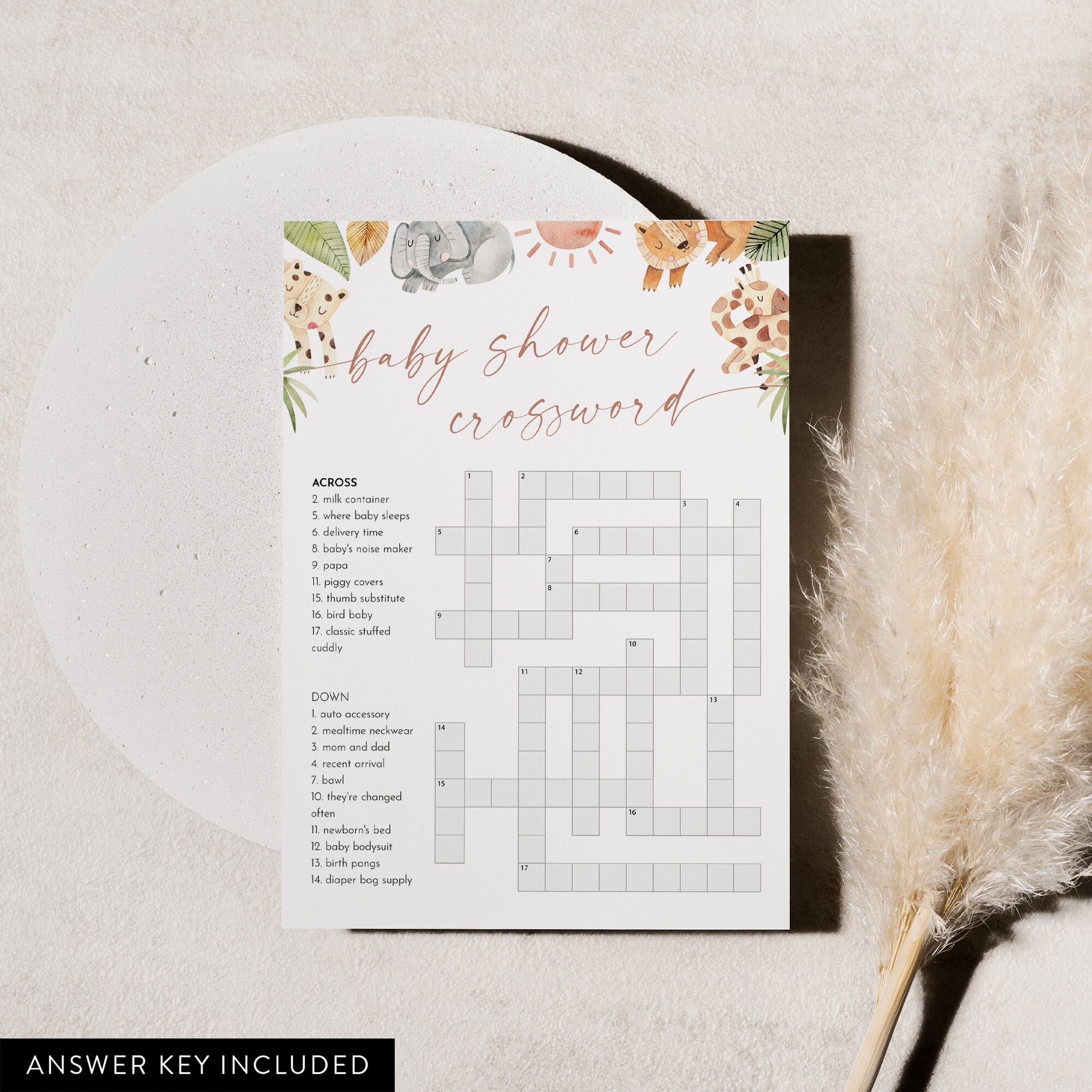 Baby Crossword Puzzle Safari Jungle Baby Shower Game Printable Crossword Game With Answer Key Instant Download Templett 5x7 0054 33BAG