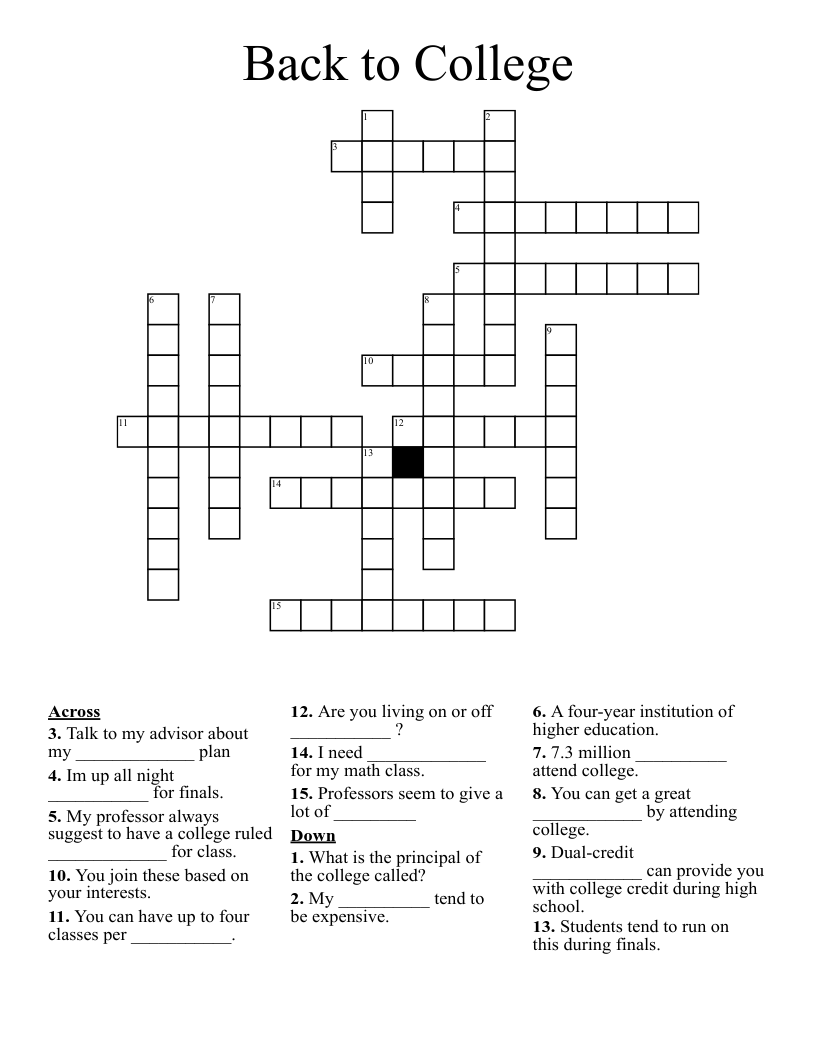 Back To College Crossword WordMint