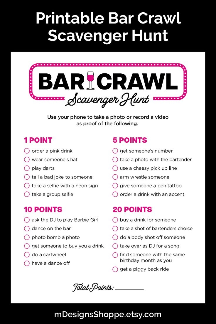 Bar Crawl Scavenger Hunt Printable Bar Hopping Game For A Birthday Bar Crawl Bar Scavenger Hunt