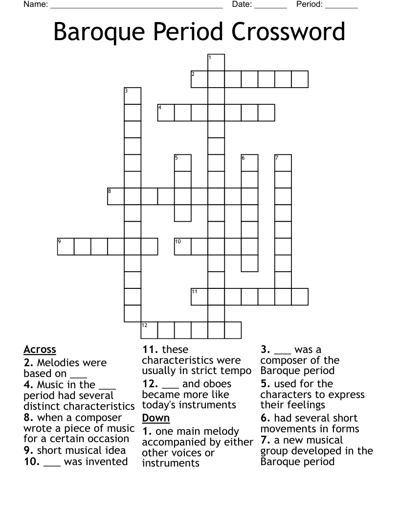 Baroque Period Crossword Puzzle WordMint
