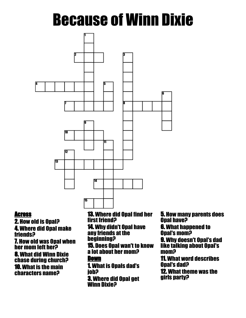 Because Of Winn Dixie Crossword WordMint