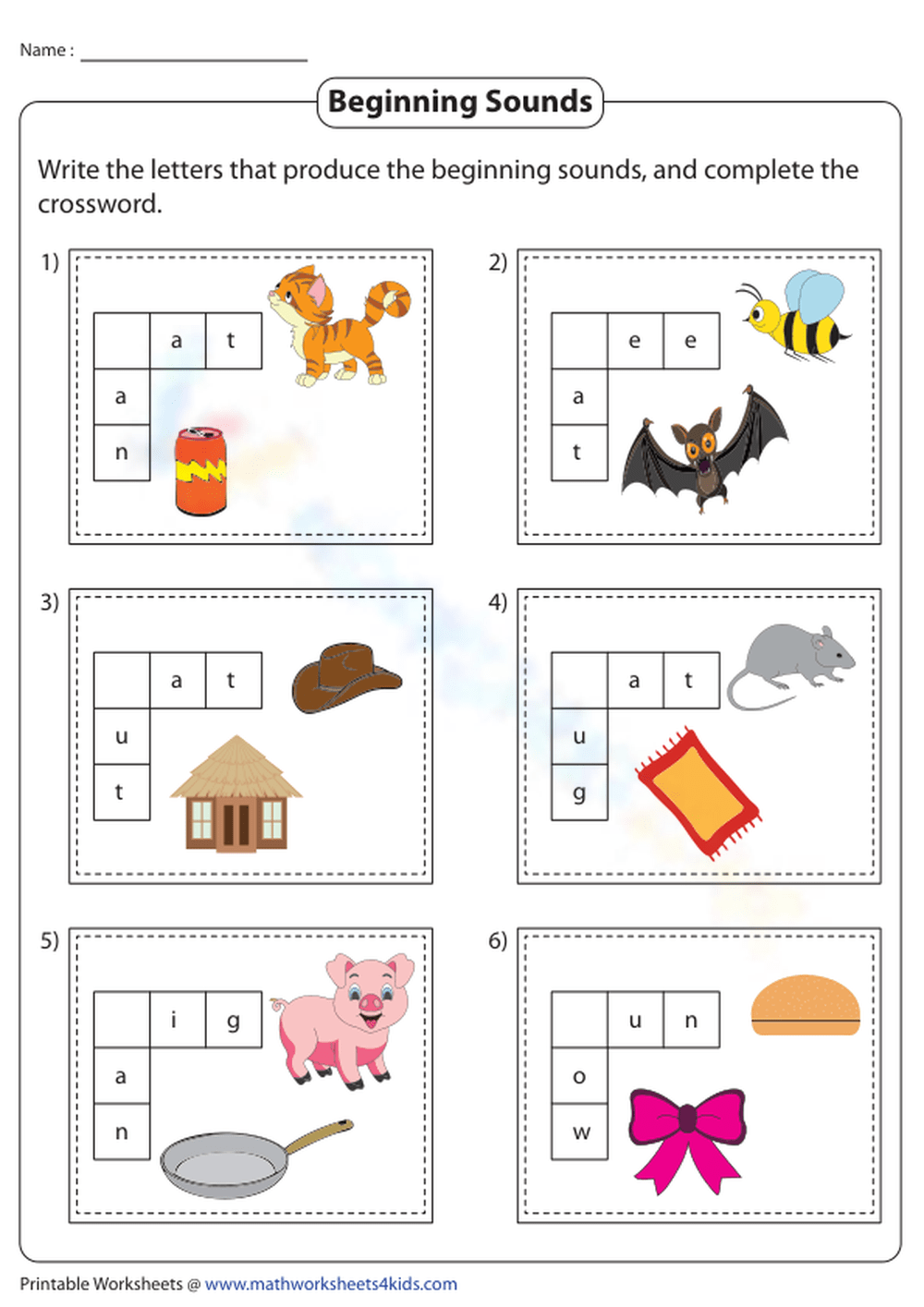Beginning Sounds Crosswords Worksheet Beginning Sounds Crosswords Worksheet