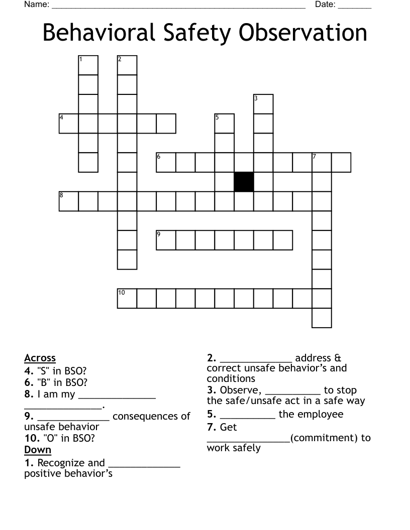 Behavioral Safety Observation Crossword WordMint Behavioral Safety Observation Crossword WordMint