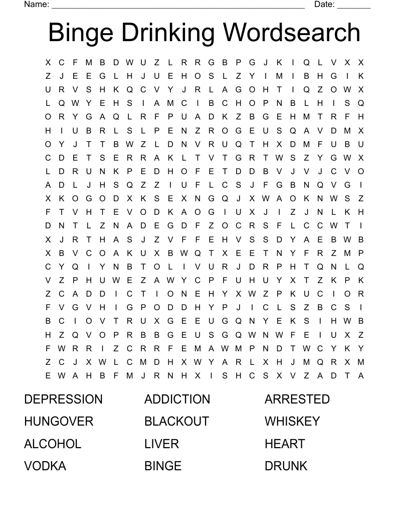 Binge Drinking Wordsearch WordMint