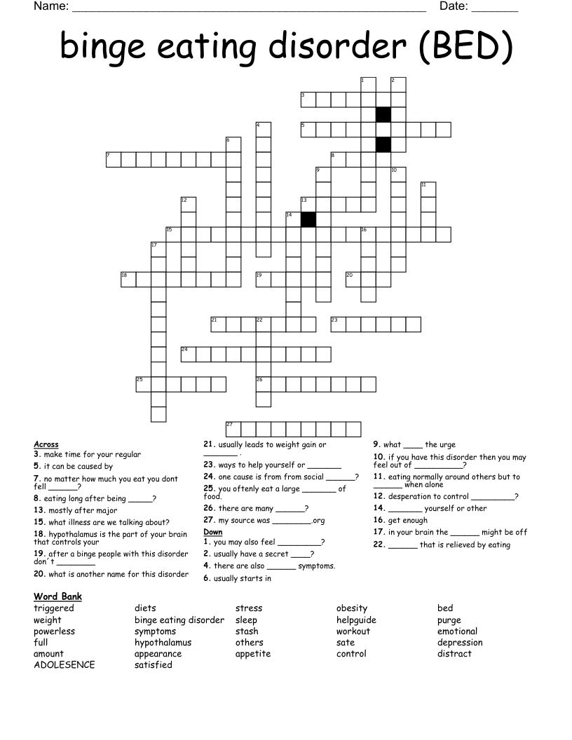 Binge Eating Disorder BED Crossword WordMint