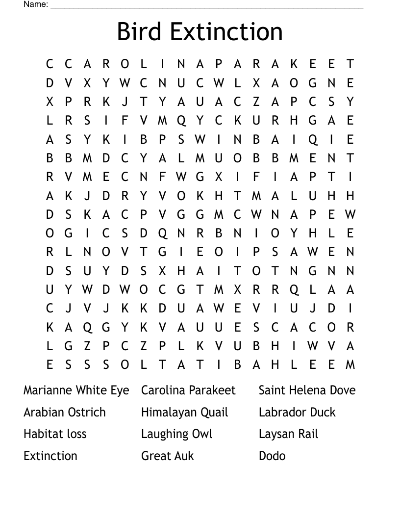 Bird Extinction Word Search WordMint Bird Extinction Word Search WordMint