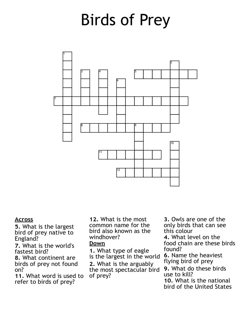 Birds Of Prey Crossword WordMint
