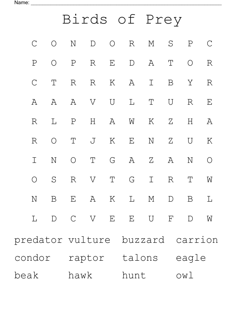 Birds Of Prey Word Search WordMint