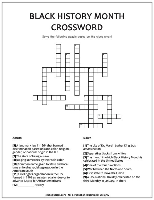 Black History Month Crossword Worksheets Library