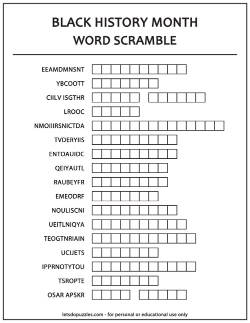 Black History Month Word Scramble Worksheets Library