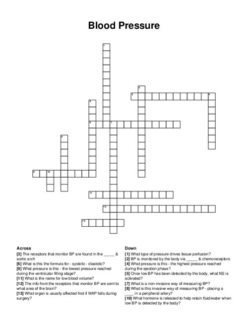 Blood Pressure Crossword Puzzle
