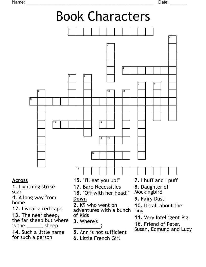 Book Characters Crossword WordMint