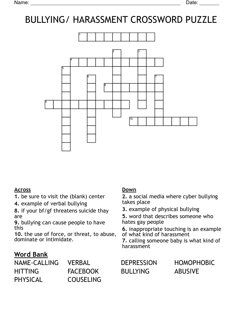 BULLYING HARASSMENT CROSSWORD PUZZLE WordMint BULLYING HARASSMENT CROSSWORD PUZZLE WordMint
