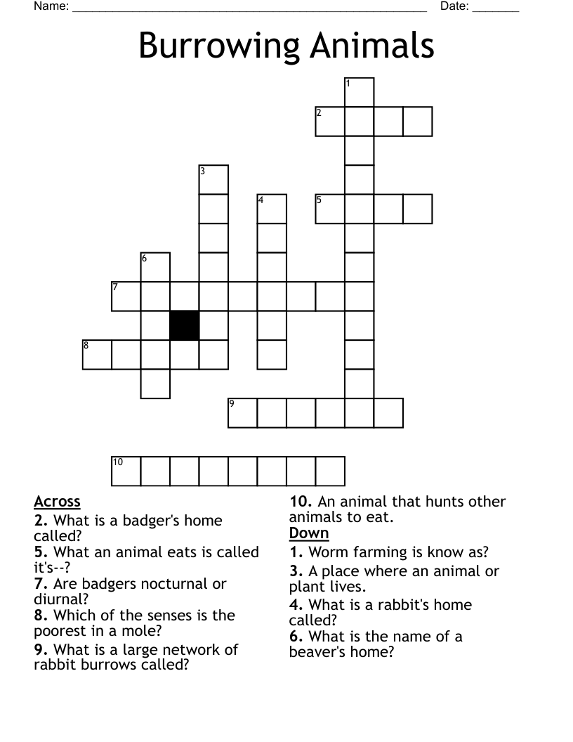Burrowing Animals Crossword WordMint Burrowing Animals Crossword WordMint