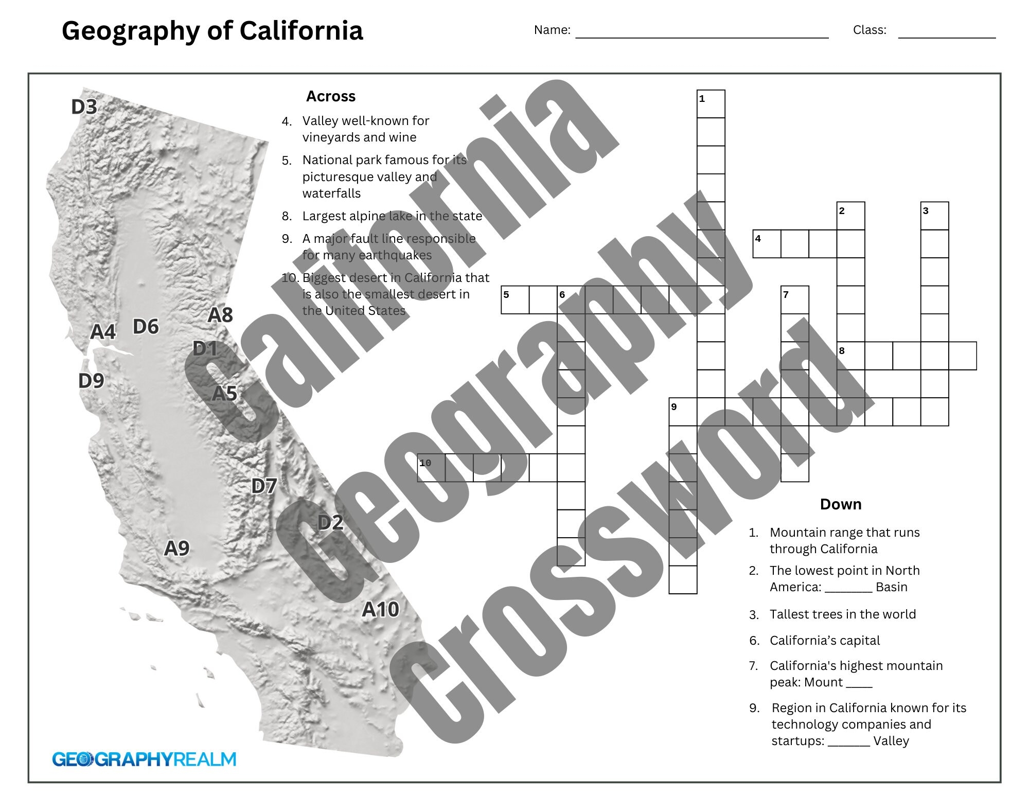 California Geography Crossword Puzzle For Grades 3 5 digital Download With Answer Key Etsy