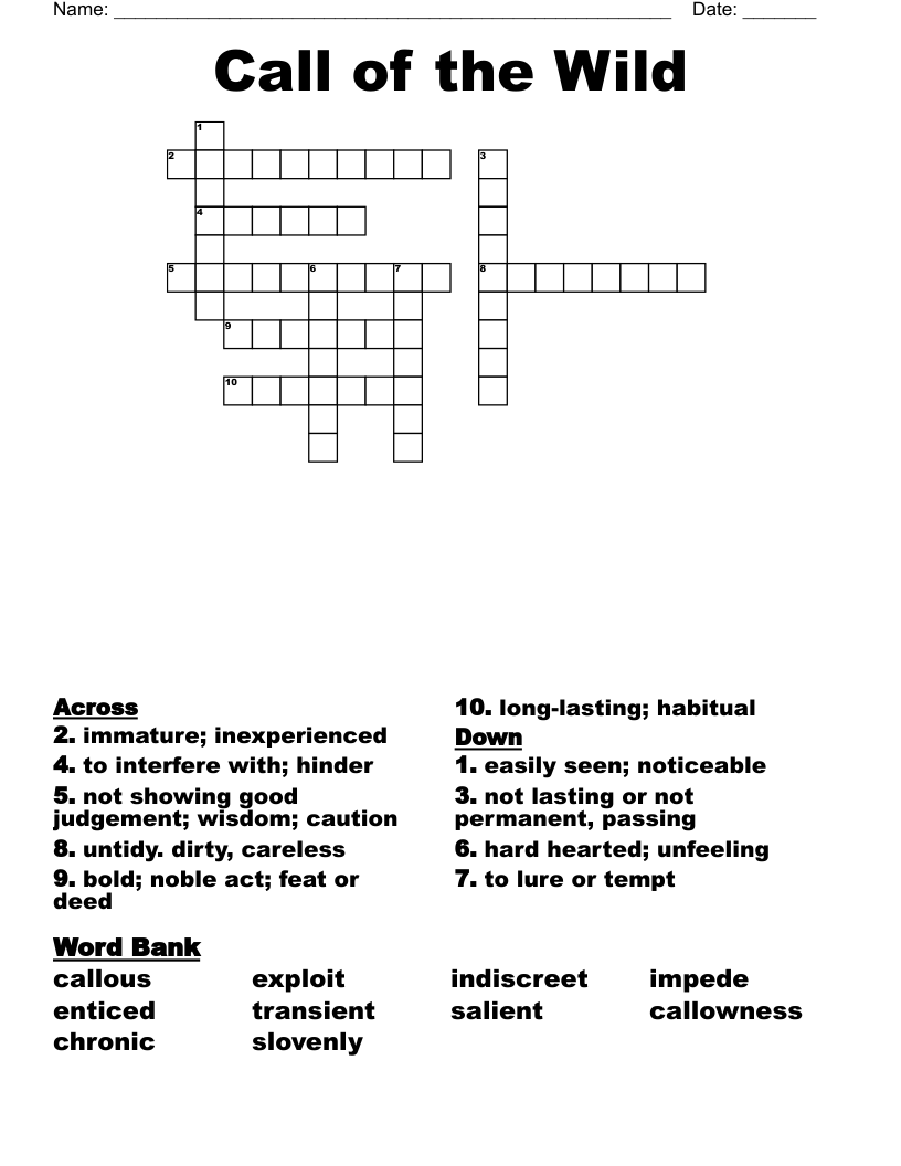 Call Of The Wild Crossword WordMint Call Of The Wild Crossword WordMint