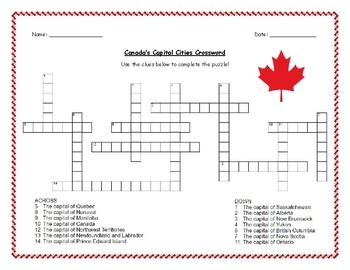 Canada 39 s Capital Cities Crossword Puzzle By Sarah Crump TpT