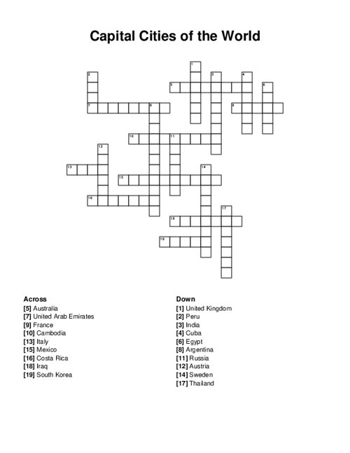Capital Cities Of The World Crossword Puzzle